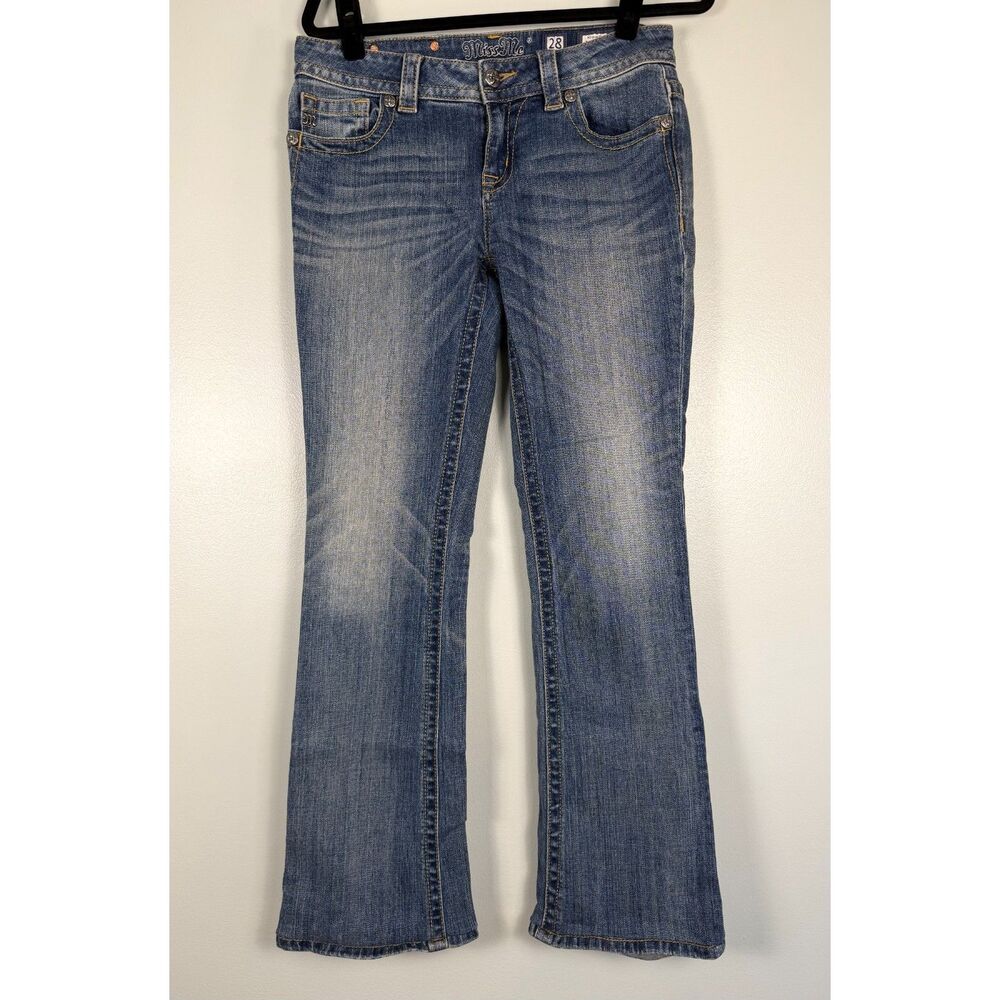 Miss Me Jeans Womens 28 Mid Rise Bootcut Stretch Blue Denim 34 Inseam